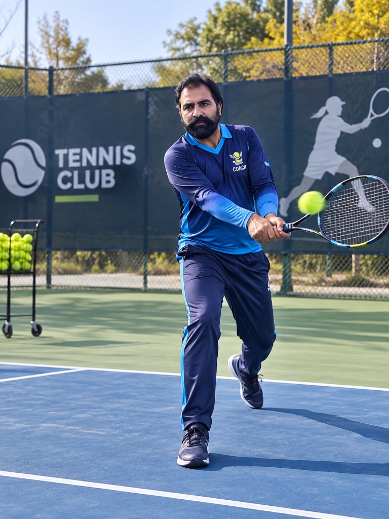 Coach Amraiz Iqbal executing a powerful two-handed backhand drive on court