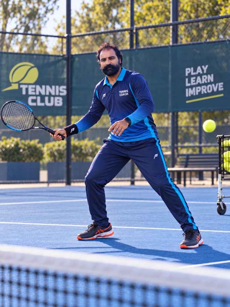 Coach Amraiz Iqbal in ready stance on tennis court with Play Learn Improve banner